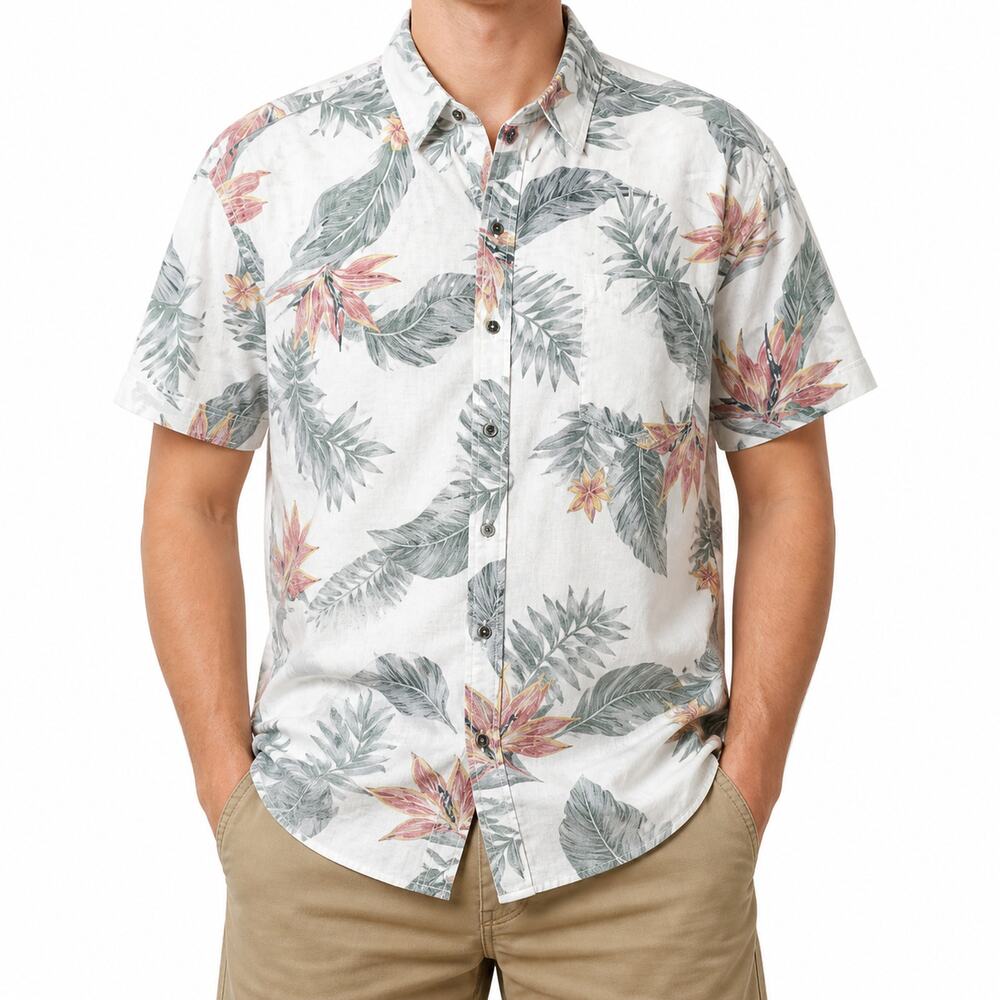 Denim & Flower Shirt Mens Medium White Floral Tropical Hawaiian Slim Fit Casual